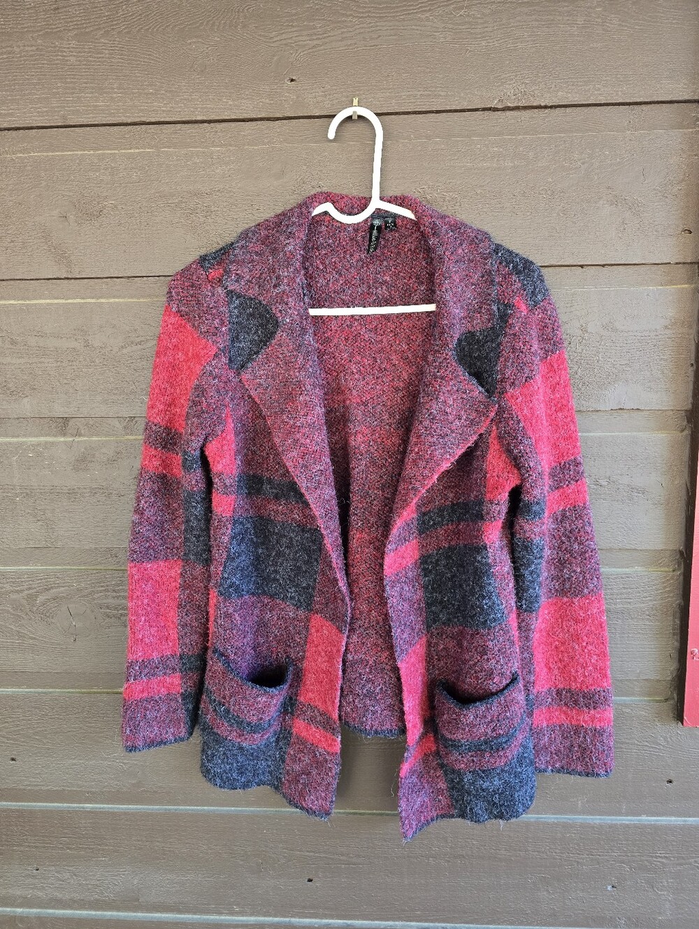 Allie & Rob Red Buffalo Plaid Open Front Cardigan Sweater Jacket Medium Pockets